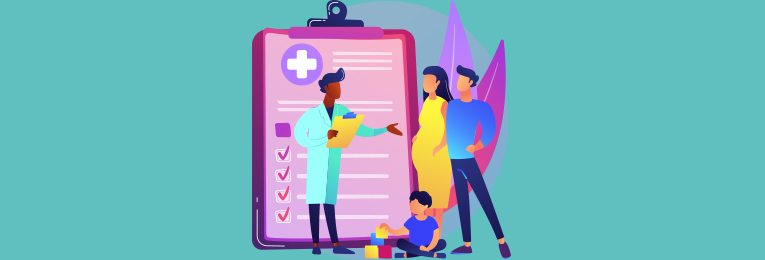 An illustrative image of a doctor reviewing a hospital checklist for a patient's family, with a large checklist displayed behind them.